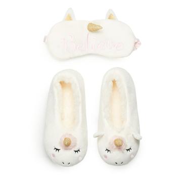 Girls 4-16 Elli By Capelli Unicorn Slipper & Eye Mask Set, Size: 3/4, White