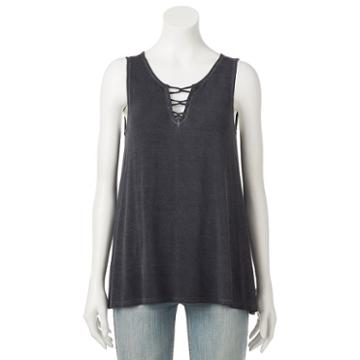Juniors' Cloudchaser Strappy Front Tunic Tank, Teens, Size: Medium, Grey (charcoal)