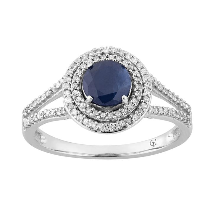 10k White Gold Sapphire & 1/3 Carat T.w. Diamond Halo Ring, Women's, Size: 7, Blue