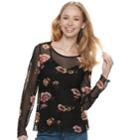 Juniors' Love, Fire Floral Mesh Top, Teens, Size: Small, Black Floral
