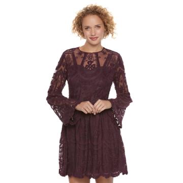 Juniors' Up By Ultra Pink Embroidered Illusion Neck Dress, Teens, Size: Large, Drk Purple