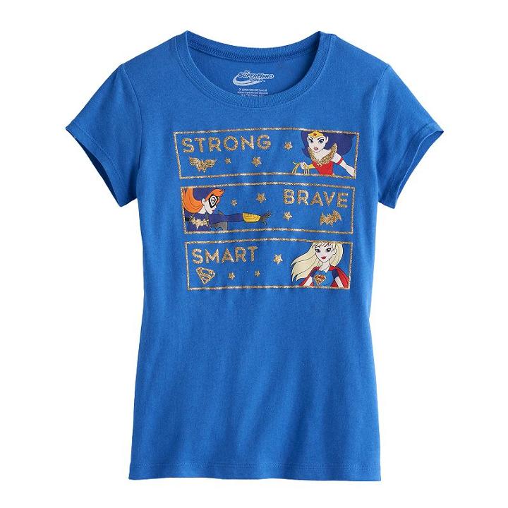 Girls 7-16 Strong Brave Smart Wonder Woman, Batgirl & Supergirl Glitter Graphic Tee, Size: Large, Blue Other
