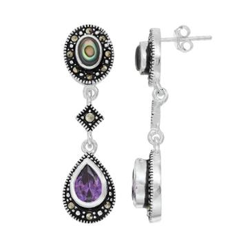Le Vieux Silver Plated Abalone, Cubic Zirconia & Marcasite Drop Earrings, Women's, Purple