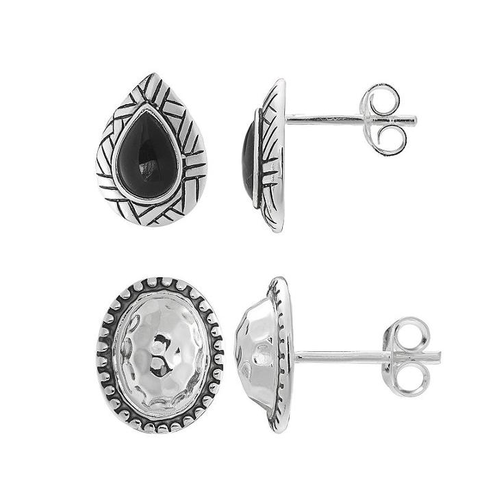 Sterling Silver Lab-created Onyx Teardrop & Oval Stud Earring Set, Women's, Black