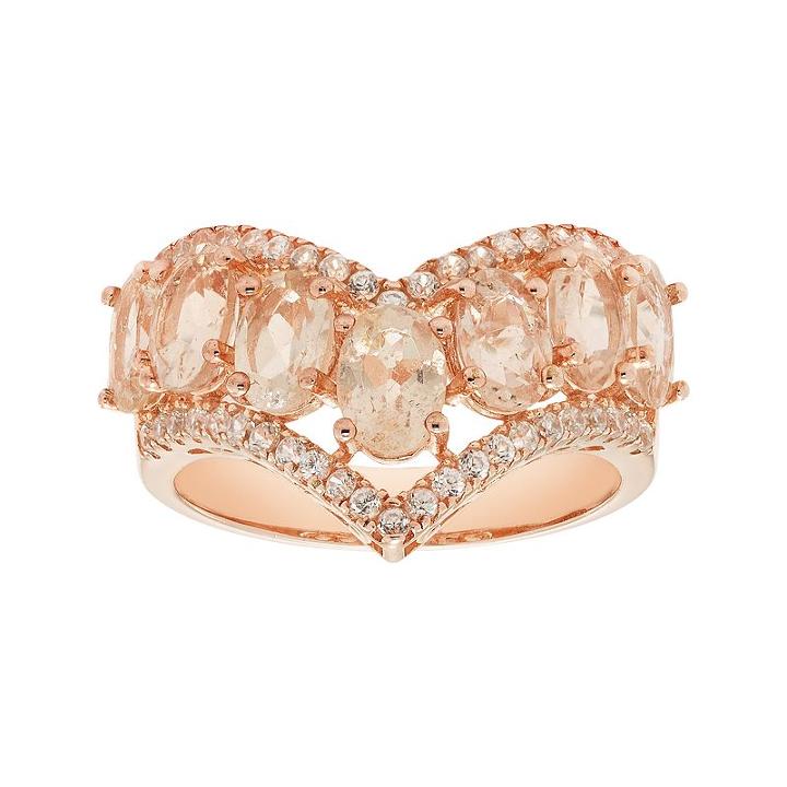14k Rose Gold Over Silver Morganite & White Zircon V Ring, Women's, Size: 6, Pink