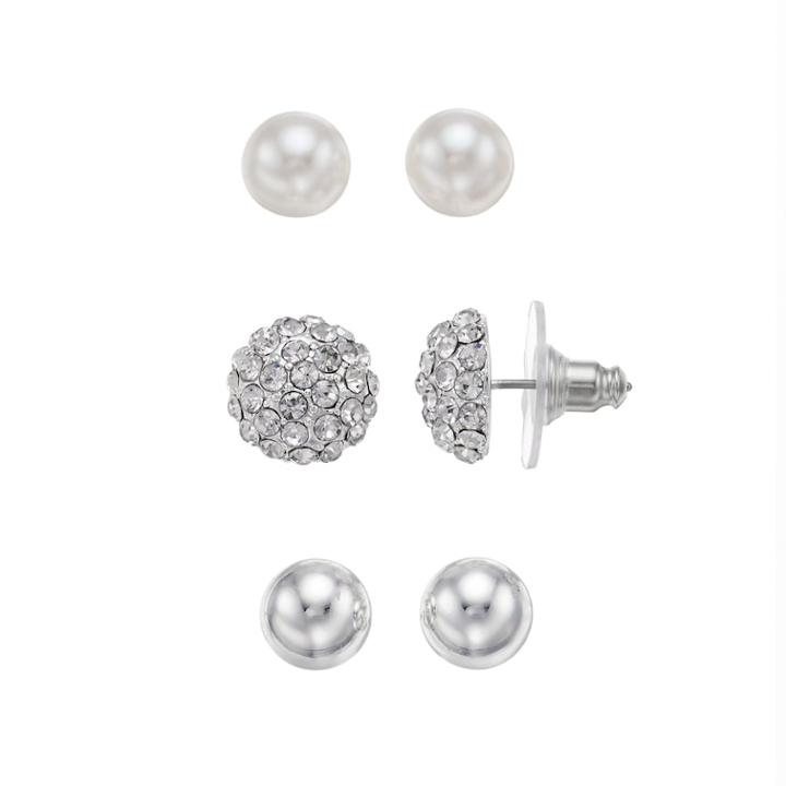 Napier Fireball Dome & Simulated Pearl Nickel Free Stud Earring Set, Women's, Silver