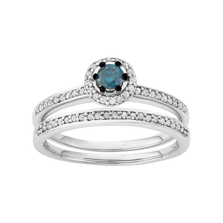 10k White Gold 1/2 Carat T.w. Blue & White Diamond Halo Engagement Ring Set, Women's, Size: 7