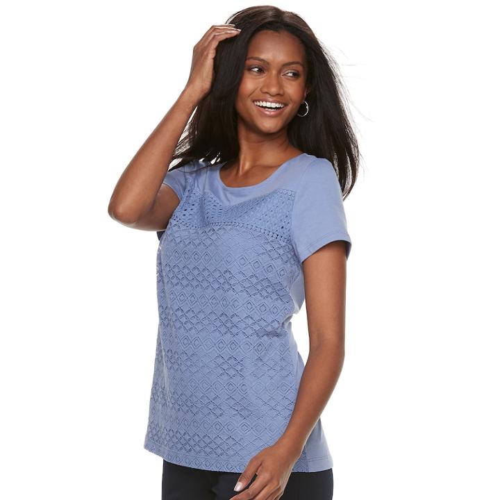 Women's Croft & Barrow&reg; Mixed-media Lace Tee, Size: Small, Med Blue