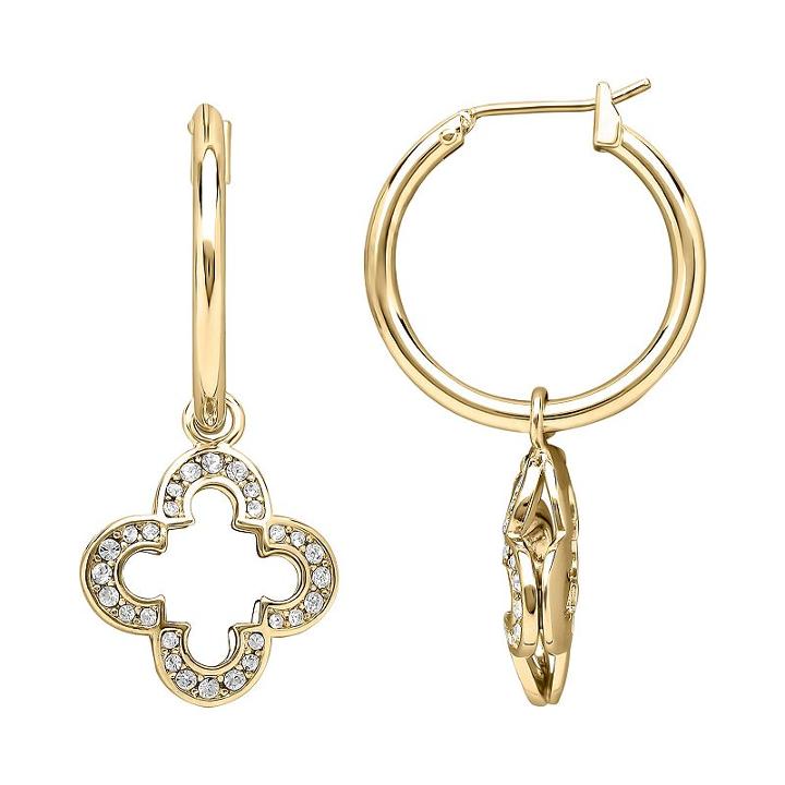 Marie Claire Jewelry Crystal Gold Tone Clover Hoop Drop Earrings, Women's, White