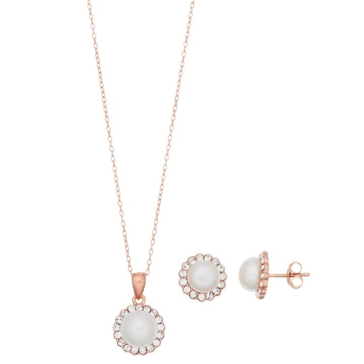 Sterling Silver Pearl Halo Earring & Pendant Necklace Set, Women's, Size: 18, White