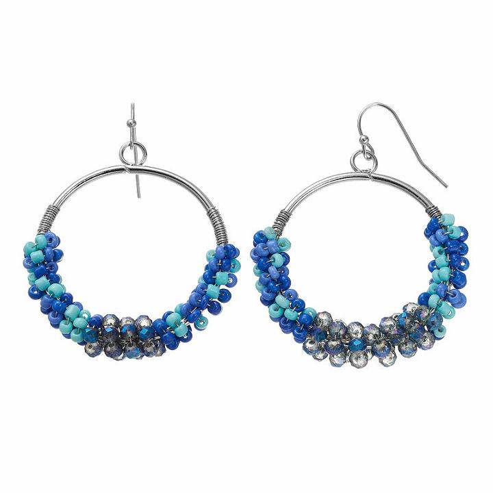 Blue Seed Bead Nickel Free Drop Hoop Earrings, Women's