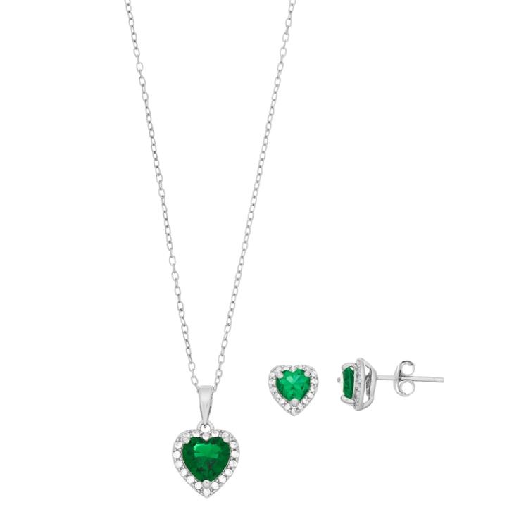 Sterling Silver Simulated Emerald & Lab-created White Sapphire Heart Halo Jewelry Set, Women's, Size: 18, Green