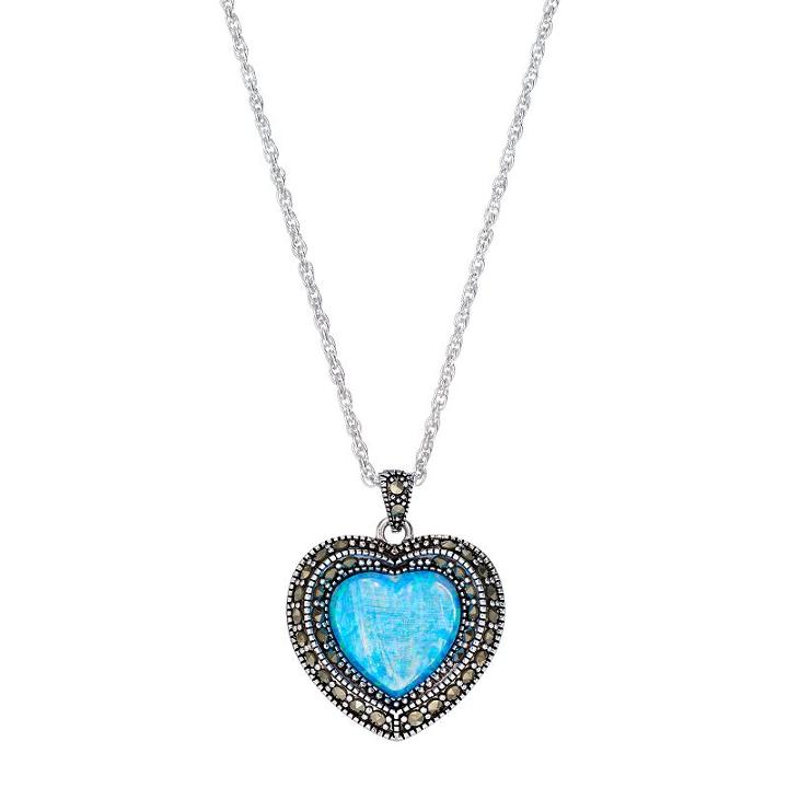 Sterling Silver Simulated Opal & Marcasite Heart Pendant Necklace, Women's, Blue