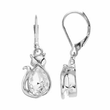 Pet Friends Simulated Crystal Cat Drop Earrings, Women's, Silver