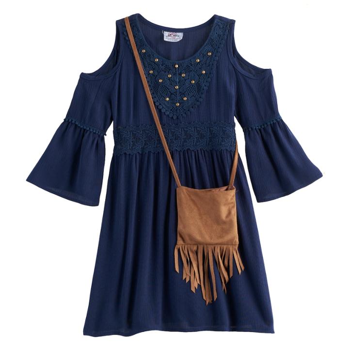 Girls 4-6x Knitworks Cold-shoulder Bell Sleeve Dress With Crossbody Purse, Size: 6, Blue (navy)