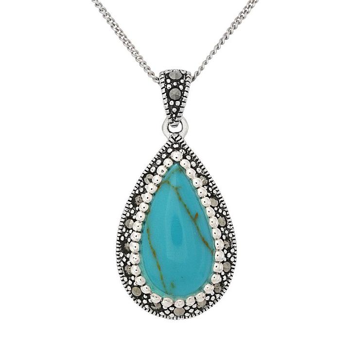 Tori Hill Sterling Silver Simulated Turquoise And Marcasite Teardrop Pendant, Women's, Size: 18, White