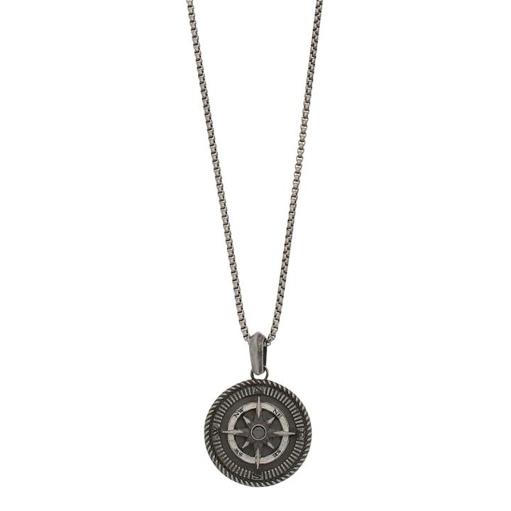 Men's Antiqued Stainless Steel Compass Pendant Necklace, Size: 22, Black