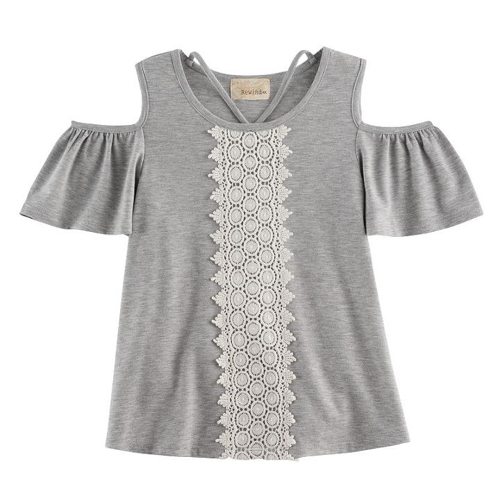 Girls 7-16 Rewind Cold-shoulder Crochet Front Tee, Size: Small, Grey Other