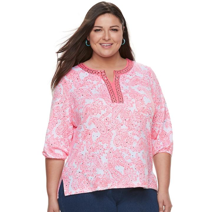 Plus Size Cathy Daniels Print Nailhead Top, Women's, Size: 2xl, Med Orange