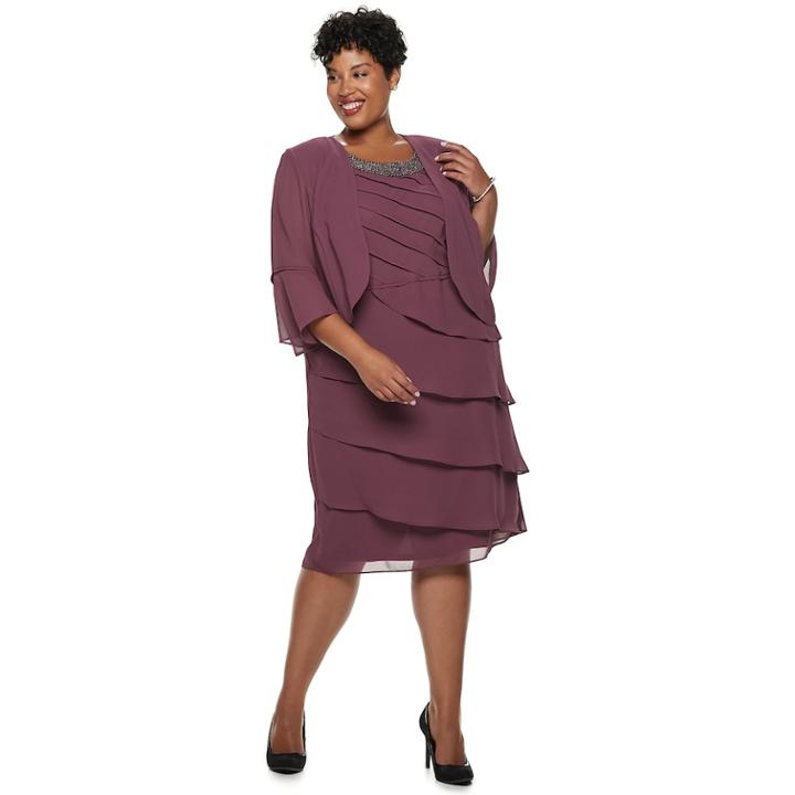 Plus Size Le Bos Beaded & Tiered Jacket Dress, Women's, Size: 16 W, Purple