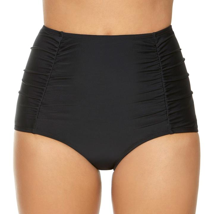 Women's Aqua Couture Ruched High-waisted Bikini Bottoms, Size: Medium, Black