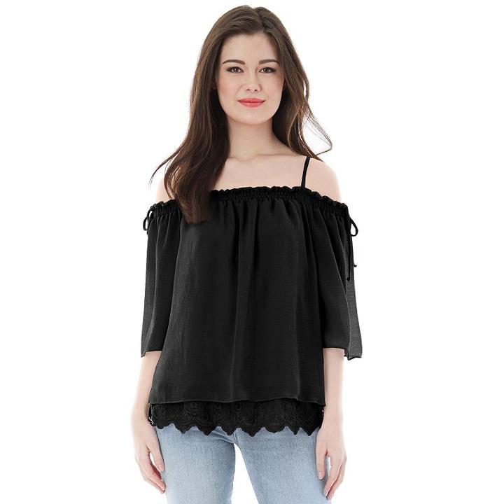 Juniors' Iz Byer California Lace Hem Off Shoulder Top, Girl's, Size: Xl, Black