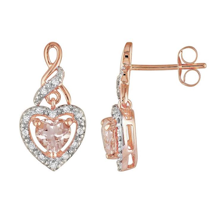10k Rose Gold 1/8-ct. T.w. Diamond And Morganite Heart Drop Earrings, Women's, Pink