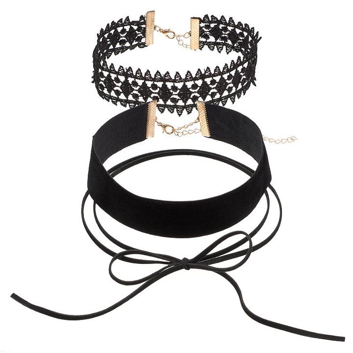 Tie Lariat, Lace & Velvet Choker Necklace Set, Women's, Black