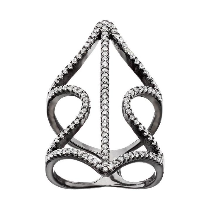 Cubic Zirconia Black Rhodium-plated Sterling Silver Wavy Leaf Ring, Women's, Size: 8, White