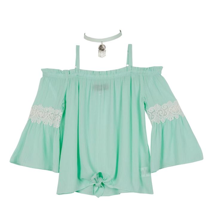 Girls 7-16 Iz Amy Byer Strappy Cold Shoulder Crochet Top With Choker Necklace, Size: Large, Lt Green