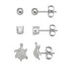 Cubic Zirconia Sterling Silver Turtle & Ball Stud Earring Set, Women's, Grey