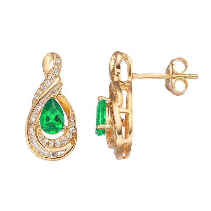 10k Gold 1/4 Carat T.w. Diamond & Emerald Twist Teardrop Earrings, Women's, Green