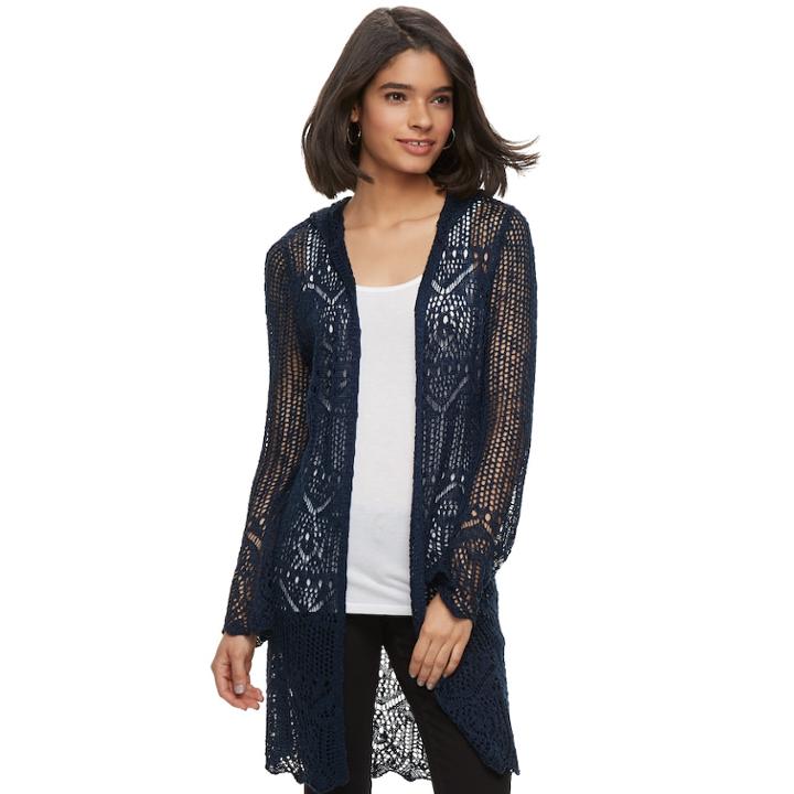 Juniors' It's Our Time Pointelle Hooded Cardigan, Teens, Size: Small, Dark Blue