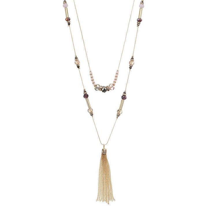 Beaded Double Strand Tassel Necklace, Women's, Brown