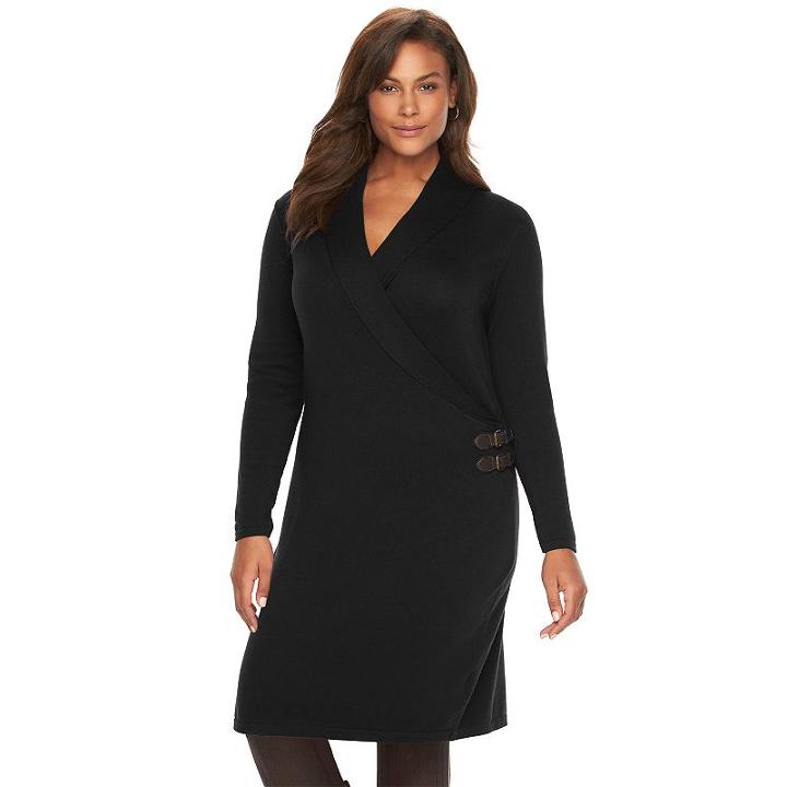 Plus Size Chaps Solid Faux-wrap Sweaterdress, Women's, Size: 3xl, Black