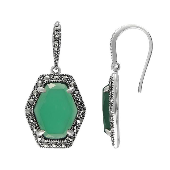 Lavish By Tjm Sterling Silver Green Chalcedony Halo Drop Earrings - Made With Swarovski Marcasite, Women's