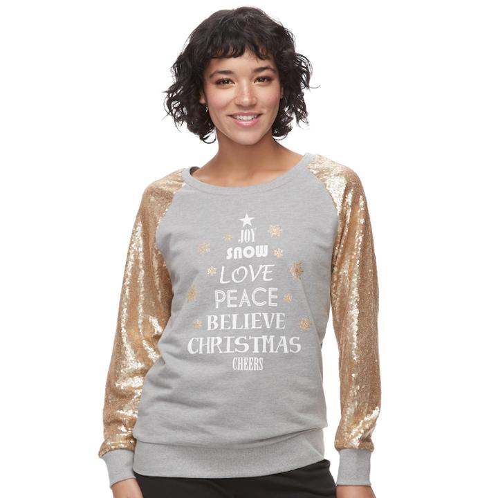 Juniors' Sequin Sleeve Holiday Sweatshirt, Teens, Size: Xl, Grey