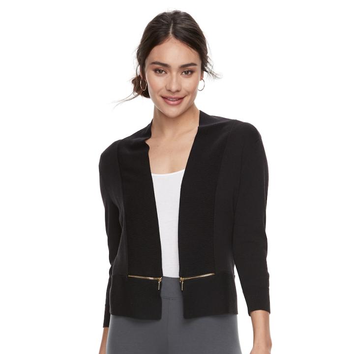Women's Nina Leonard Zipper-trim Bolero Cardigan, Size: Medium, Black
