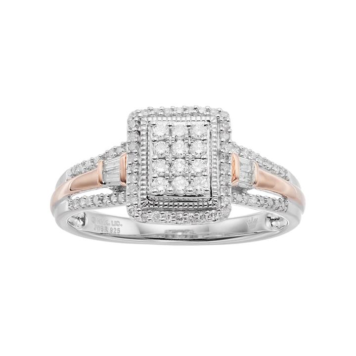 Hallmark Two Tone Sterling Silver 1/3 Carat T.w. Diamond Rectangle Halo Ring, Women's, Size: 7, White