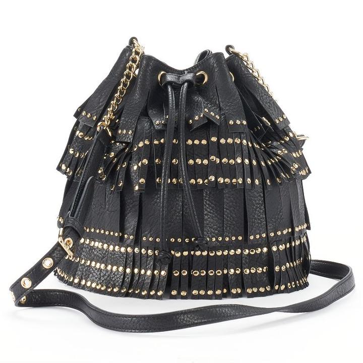 Juicy Couture Studded Fringe Drawstring Bucket Bag, Women's, Black