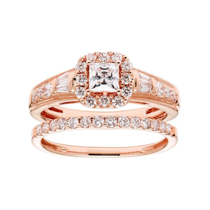 14k Gold 1 Carat T.w. Igl Certified Diamond Square Halo Engagement Ring Set, Women's, Size: 5, White