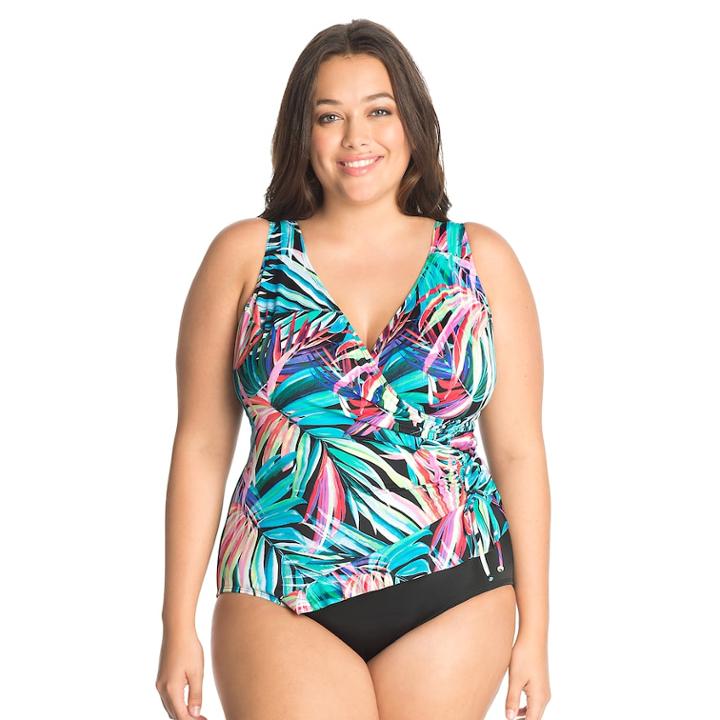 Plus Size Great Lengths Tummy Slimmer Ruffle One-piece Swimsuit, Women's, Size: 22, Festive Fern Multi