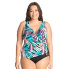 Plus Size Great Lengths Tummy Slimmer Ruffle One-piece Swimsuit, Women's, Size: 22, Festive Fern Multi