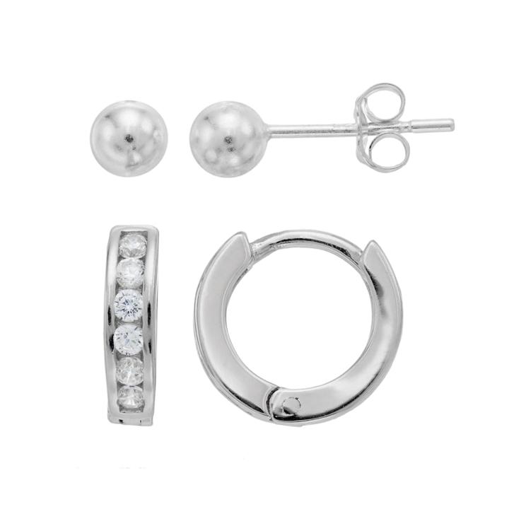 Charming Girl Kids' Crystal Huggie Hoop & Ball Stud Earrings, White