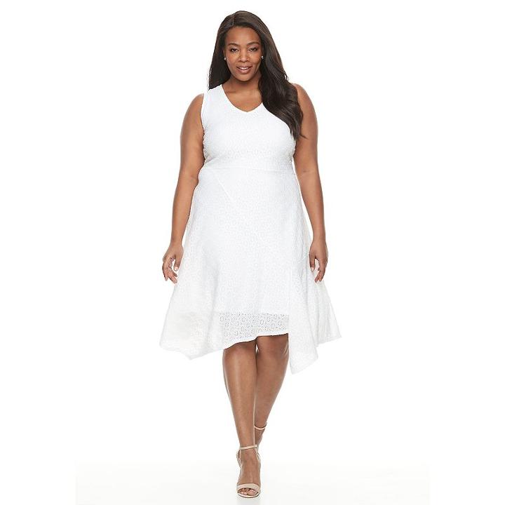 Dana Buchman, Plus Size Asymmetrical Lace Fit & Flare Dress, Women's, Size: 2xl, White