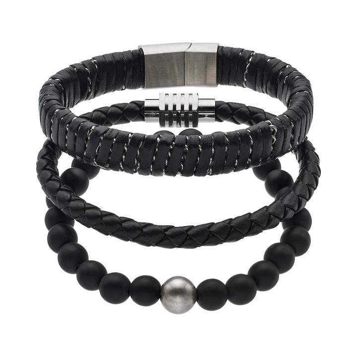 1913 Men's 3-pc. Black Leather Bracelet Set, Size: 8.5
