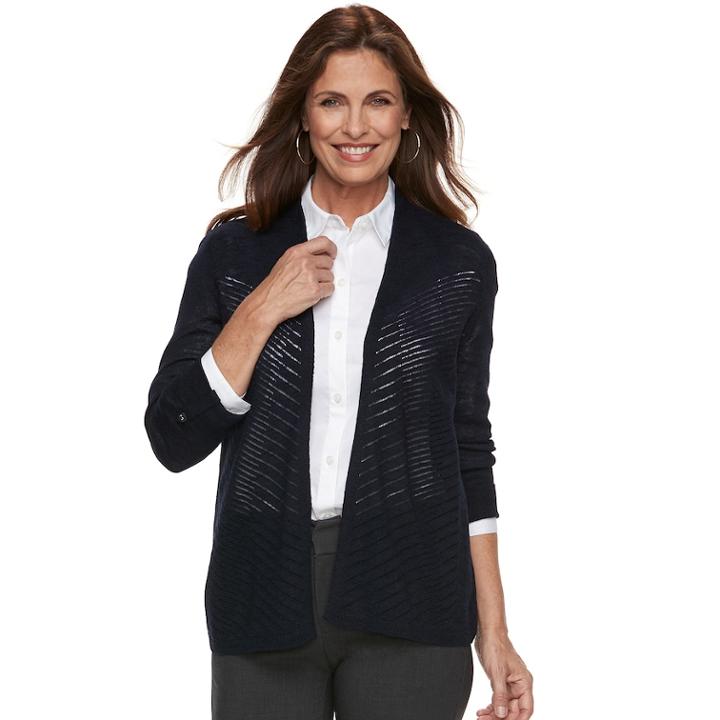 Petite Croft & Barrow&reg; Chevron Stitch Open-front Cardigan, Women's, Size: L Petite, Dark Blue