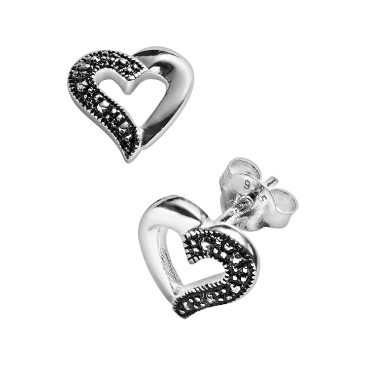 Sterling Silver Marcasite Heart Stud Earrings, Women's, Black