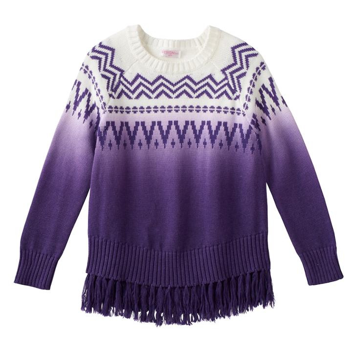 Girls 4-6x Design 365 Ombre Aztec Fringe Sweater, Size: 5, Purple