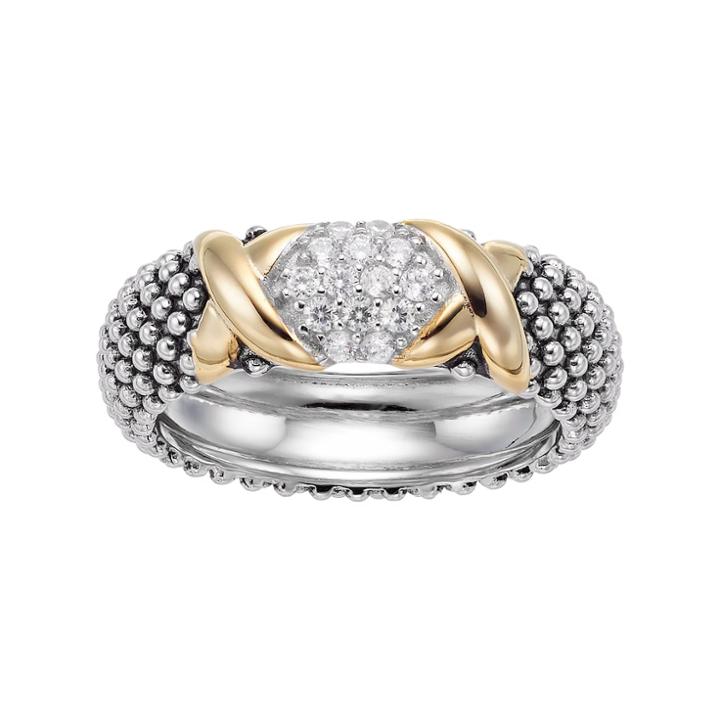 Two Tone Sterling Silver Cubic Zirconia X Beaded Ring, Women's, Size: 6, White